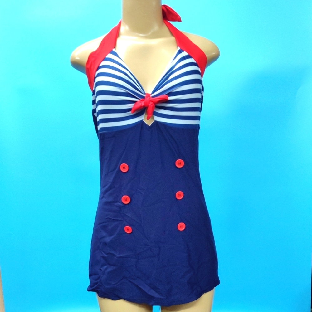 Ekouaer Womens Vintage Striped One Piece Swimsuit Monokini Boyleg Bathing Suit